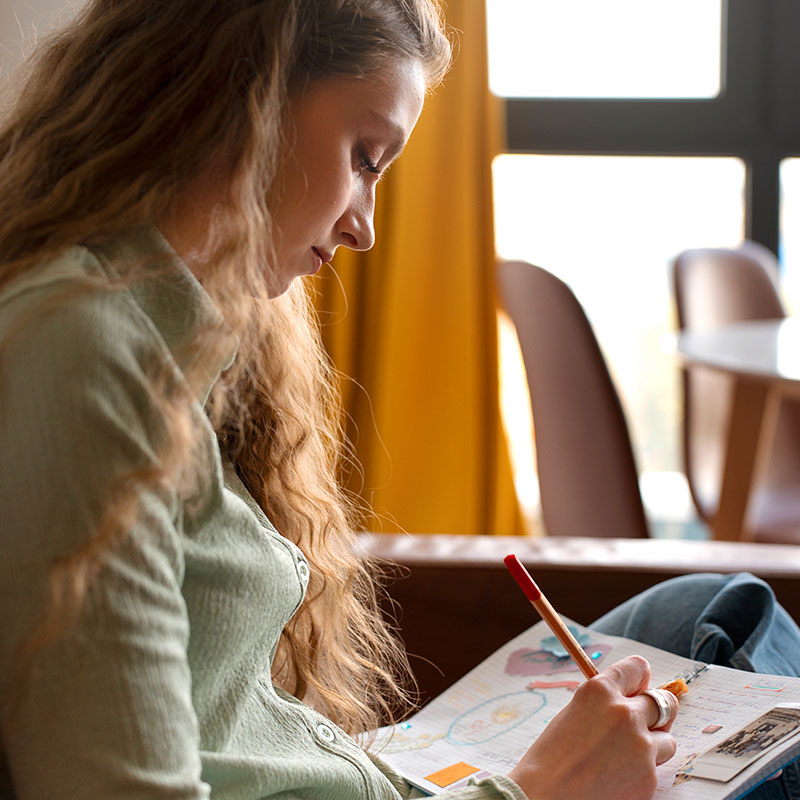teenage girl writing in a book