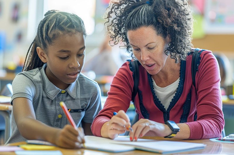 Teacher working closely with a teenage student